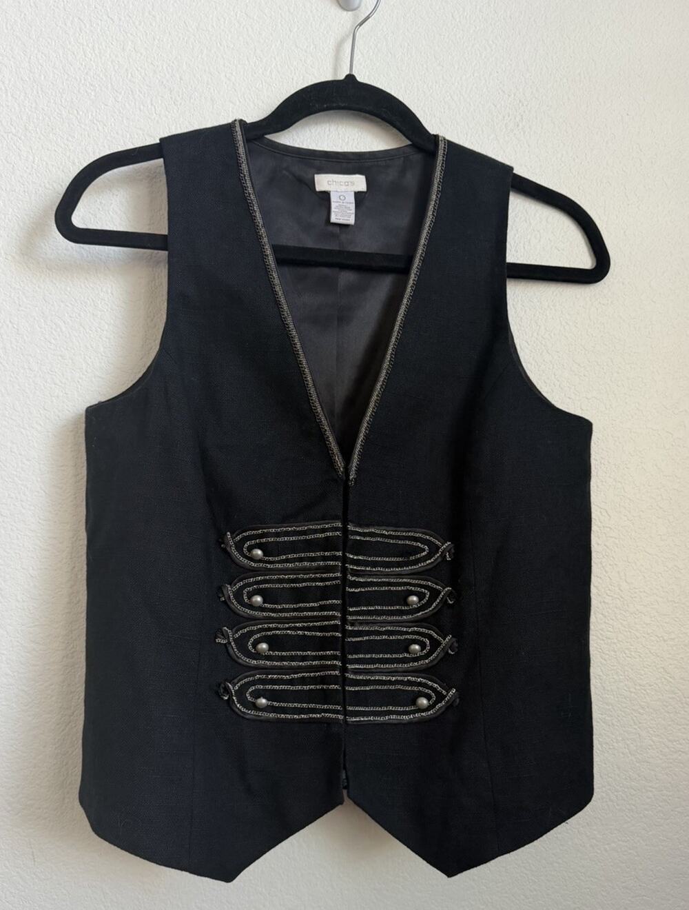 Chicos Vest Womens 2 US Large Black Linen Blend Chain Embellished Marching Band